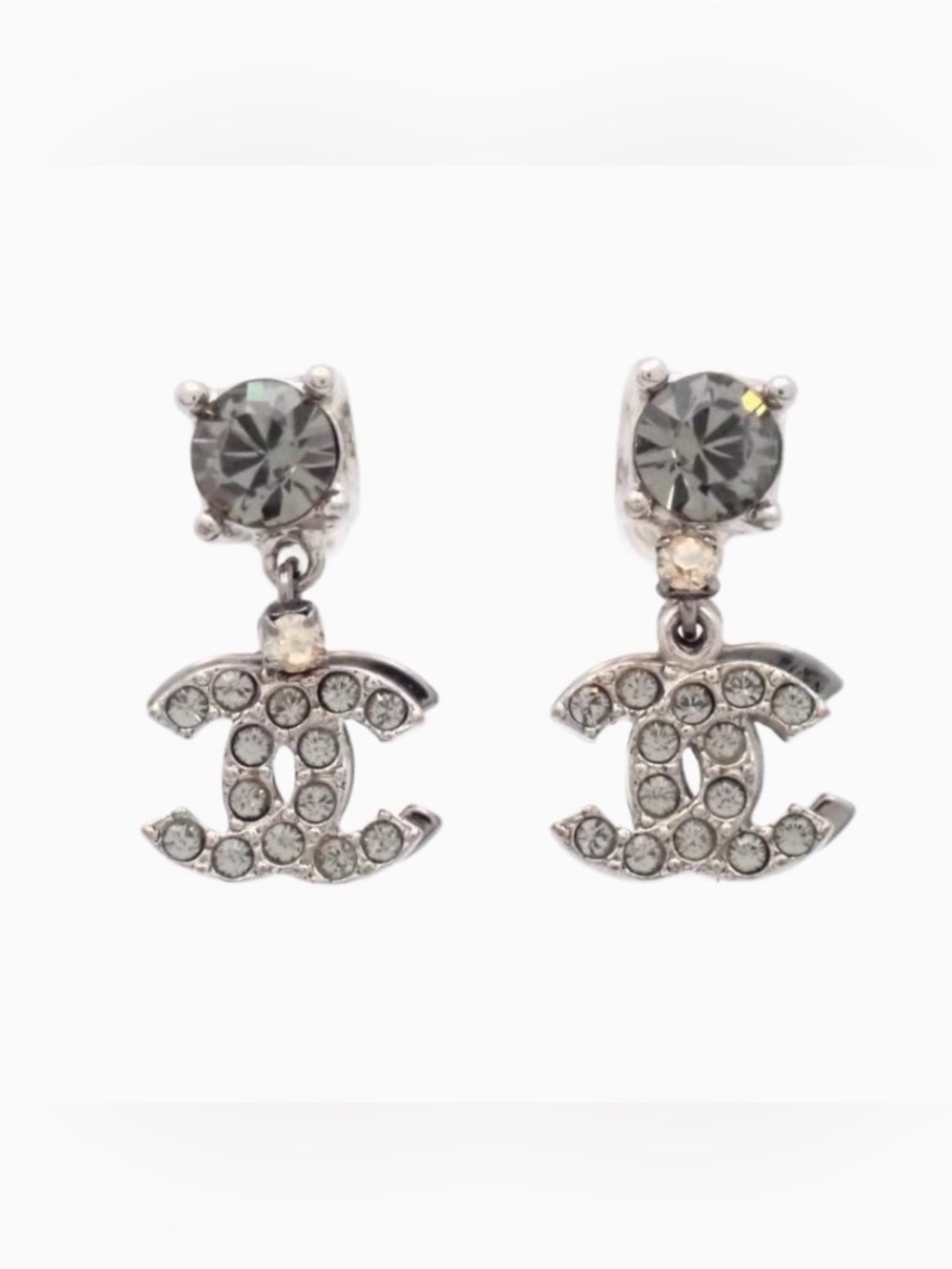 CHANEL Ruthenium-Tone Crystal CC Drop Earrings